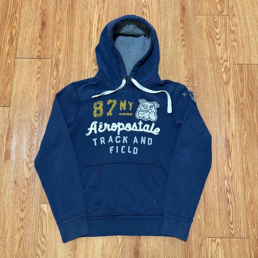 Aeropostale Men's Hoodie Small Track Bulldog Patchwork Thermal Hood Blue
